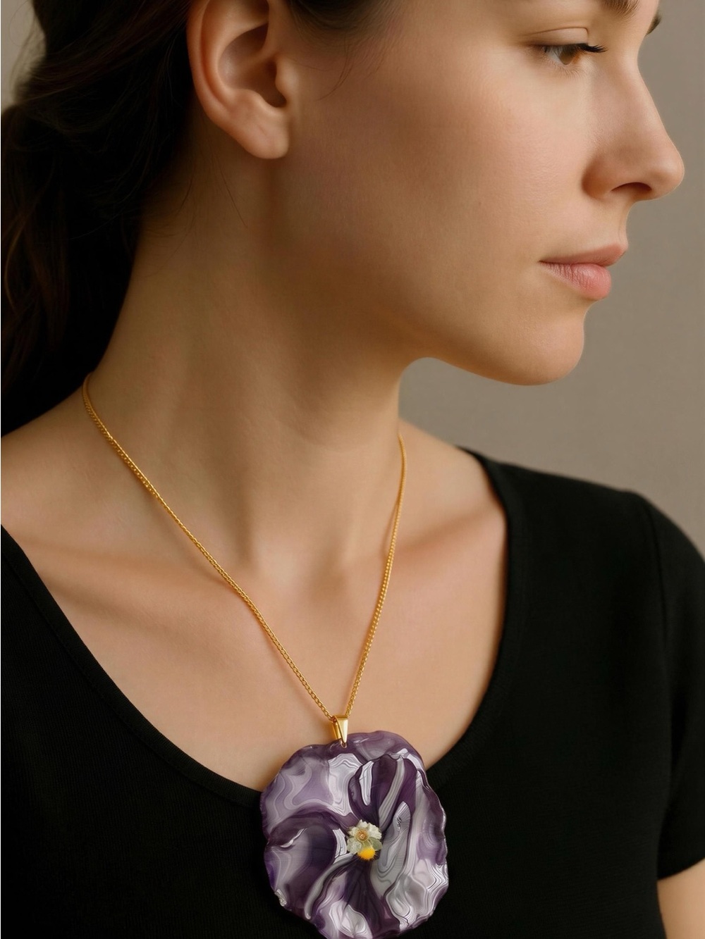 Gold Chain Necklace with Purple Floral Resin Pendant